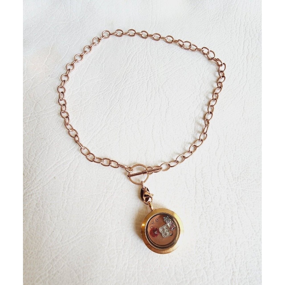 Origami Owl Rose Gold Locket Chain Necklace With 3 Charms